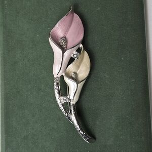 Vintage Premier Calla Lily Silver Tone Brooch Pink Cream Enamel Rhinestones
